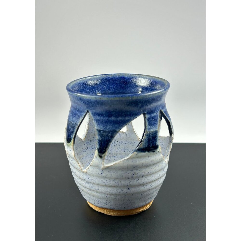 Freidendorf Handmade Candle Holder Two Tone Blue Pottery Lattice Artist Signed